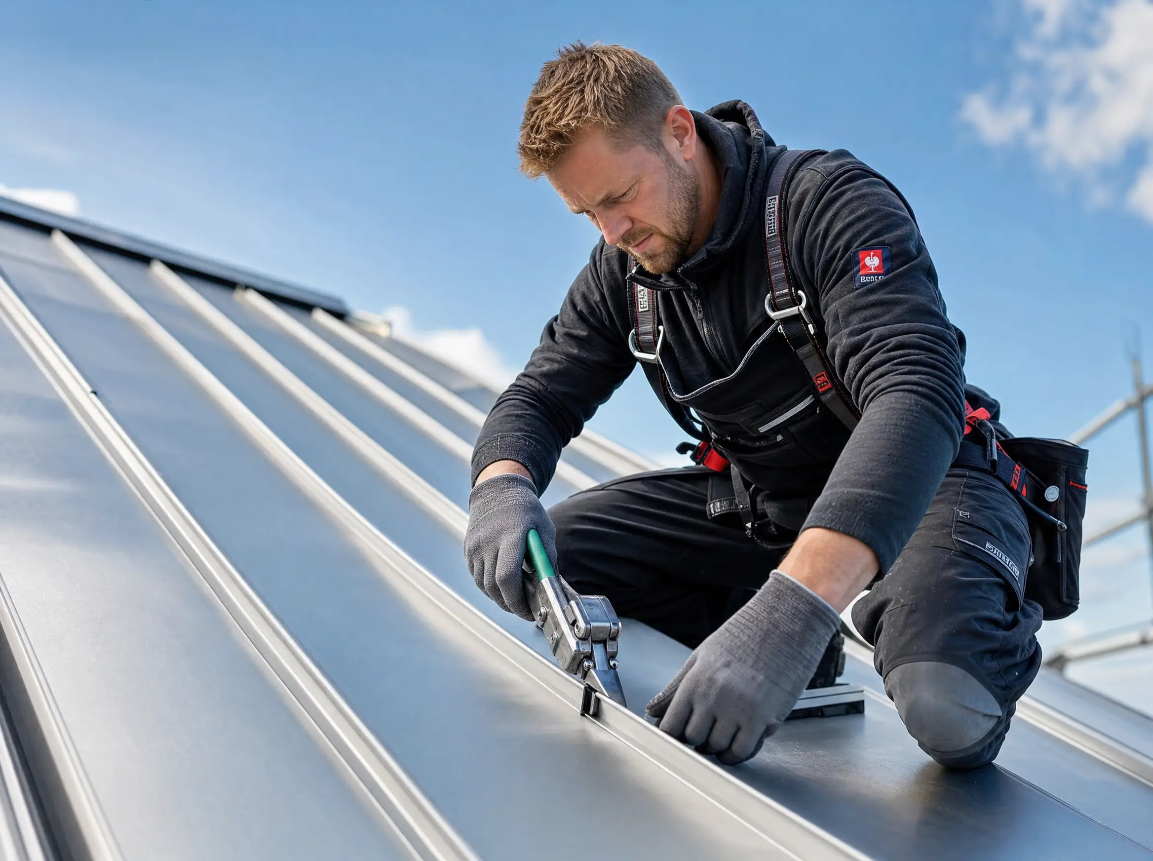 Dachdecker bei der Arbeit auf einem Stehfalzdach